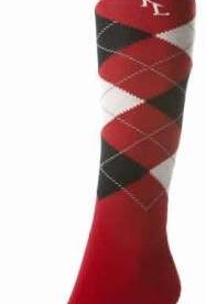 A red and black argyle socks is shown.