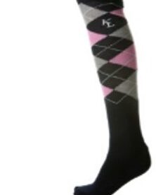 A pair of black and pink argyle socks.