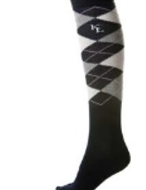 A pair of black and white argyle socks.