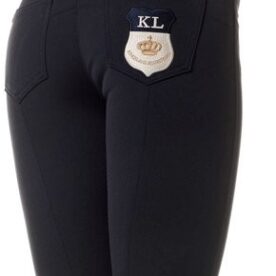 A close up of the back pocket on a woman 's black pants