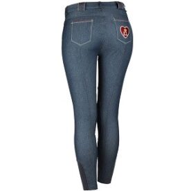 A pair of blue jeans with red and white patches on the side.