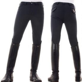 A pair of black pants with leather knee pads.