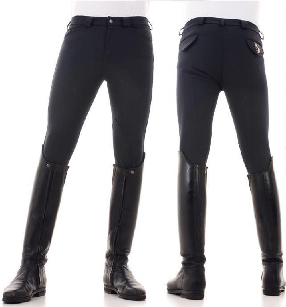 A pair of black pants with leather knee pads.