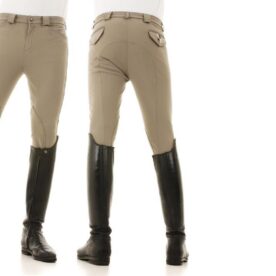 Two pairs of legs wearing riding boots and pants.