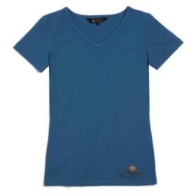 A blue t-shirt with a gold logo on the front.