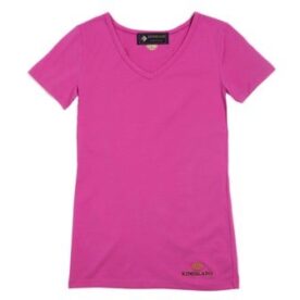 A pink t-shirt with a small logo on the front.