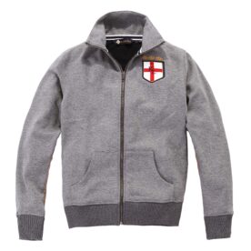 A gray jacket with a red and white cross on the front.