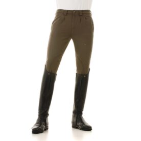 A man wearing brown pants and black boots.