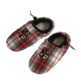 A pair of slippers with plaid and a dog on them.