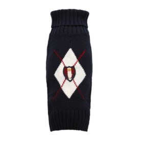 A black sweater with a red and white argyle pattern.