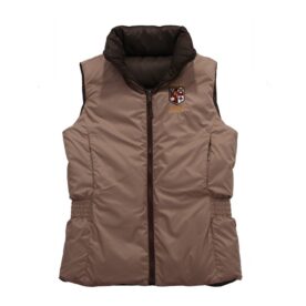 A brown vest with a black collar and a red logo on the front.