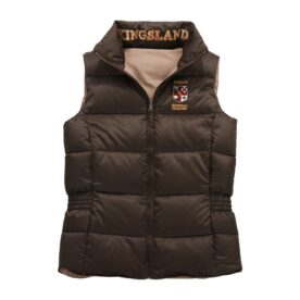 A brown vest with a black and white logo on it.