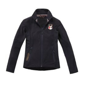 A black jacket with a red and white stripe on the front.