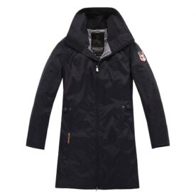 A black coat with a hood and a pocket on the front.