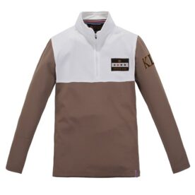 A brown and white jacket with a patch on the chest.