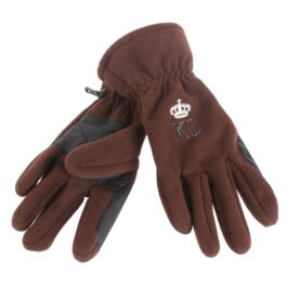A pair of brown gloves with a peace sign on the back.