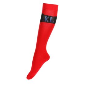 A red pair of socks with the letter kl on it.