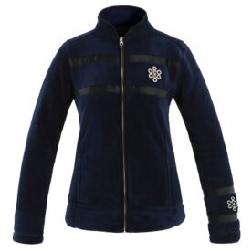 A woman wearing a black jacket with white and gold logo.