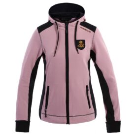 A pink and black jacket with a patch on the front.