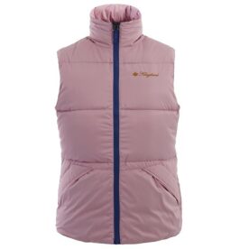 A pink vest with blue trim on the bottom.