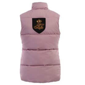 A pink vest with a black and gold emblem on the back.