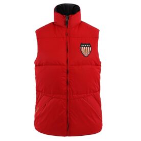 A red vest with an american shield on the front.
