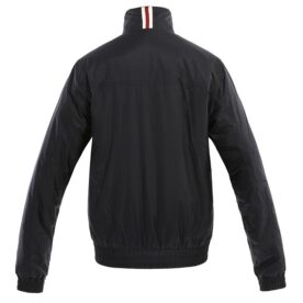 A black jacket with red, white and blue stripes on the collar.