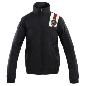 A black jacket with red and white stripes on the side.