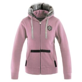 A pink hoodie with a black and white logo on the front.