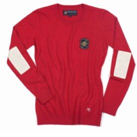 A red sweater with white elbow patches and a patch.