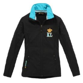 A black and blue jacket with a logo on the front.