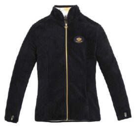 A black jacket with a yellow and white logo on the front.