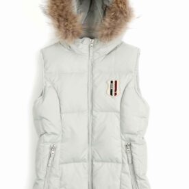 A white vest with fur hood and pockets.