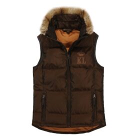 A brown vest with an orange lining and hood.