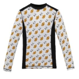 A long sleeve shirt with an orange and black pattern.