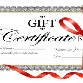 A gift certificate with a red ribbon.