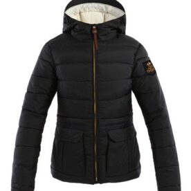 A black jacket with a hood and a brown trim.