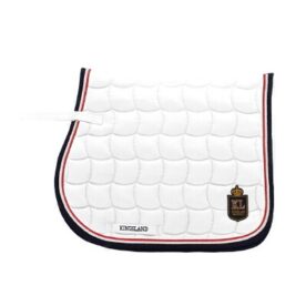 A white saddle pad with a red, black and white stripe trim.