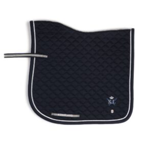 A black saddle pad with white trim and a horse.