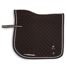 A black saddle pad with white trim and a horse.