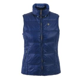 A blue vest is shown with a black zipper.