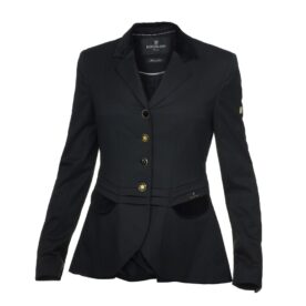 A black jacket with a gold button and a white collar.