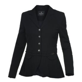 A black jacket with three buttons and a peplum.