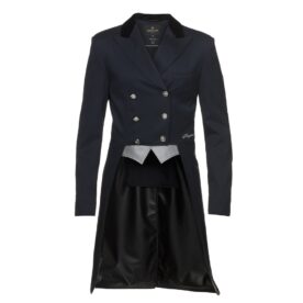 A black coat with a white collar and a black skirt