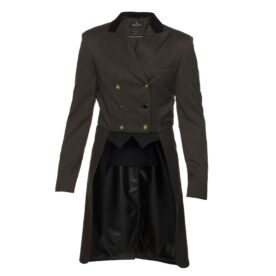 A black coat with a leather skirt on top of it.