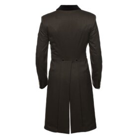 A black coat with a long tail and a button down collar.