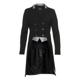 A black coat with a leather skirt and a white shirt