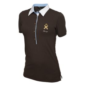 A woman wearing a brown polo shirt with blue trim.