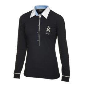 A black polo shirt with white collar and cuffs.