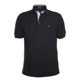 A black polo shirt with a blue collar and white buttons.